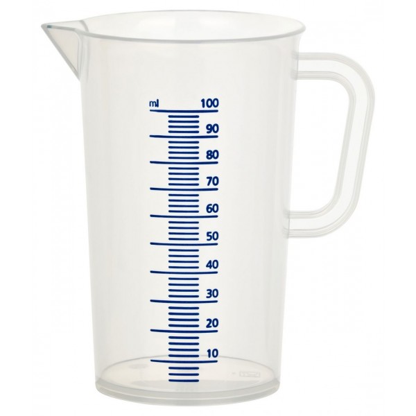 Messbecher PP 100 ml, blaue Skala, geschlossener Griff