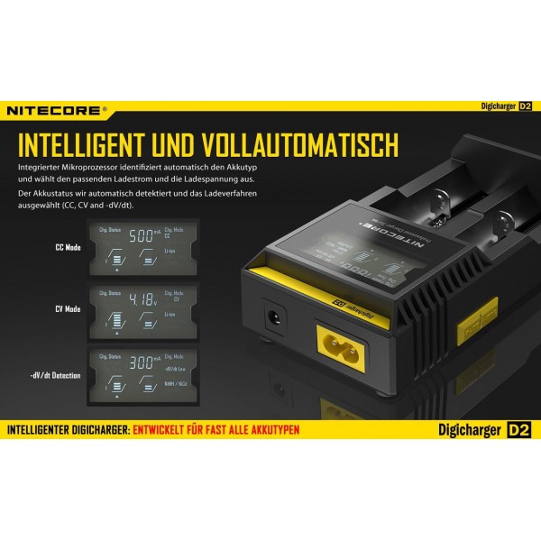 Nitecore Digicharger D2 EU - Ladegerät für Li-Ion, Ni-MH, Ni-CD und LIFePo4 Akkus
